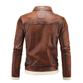 Men's Winter Padded Jacket Stand Collar Leather Coat Brown
