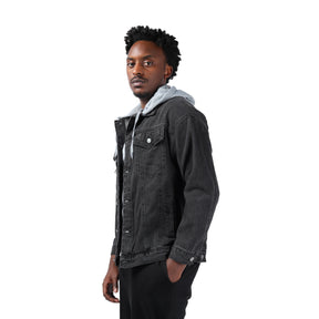 Men's Hooded Single Breasted Denim Jacket Dark Grey