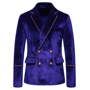 2-Piece Velvet Trimmed Solid Double-Breasted Dress Suit Blue