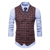 Slim Fit Double Breasted Plaid Coffee Vest