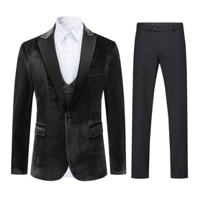 3-Piece Lapel One Button Velvet Tuxedo Suit Black