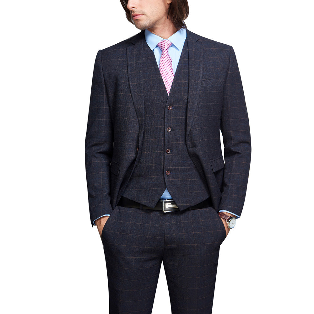 Slim Fit 3-Piece Suit Plaid Grey Suit