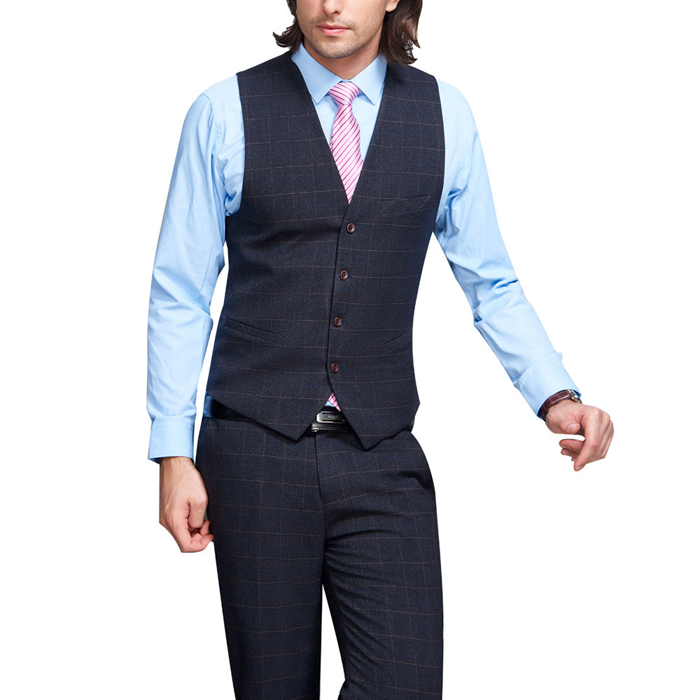 Slim Fit 3-Piece Suit Plaid Grey Suit