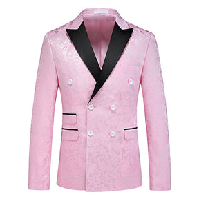 Men's Color Block Print Double Breasted Suit Pink