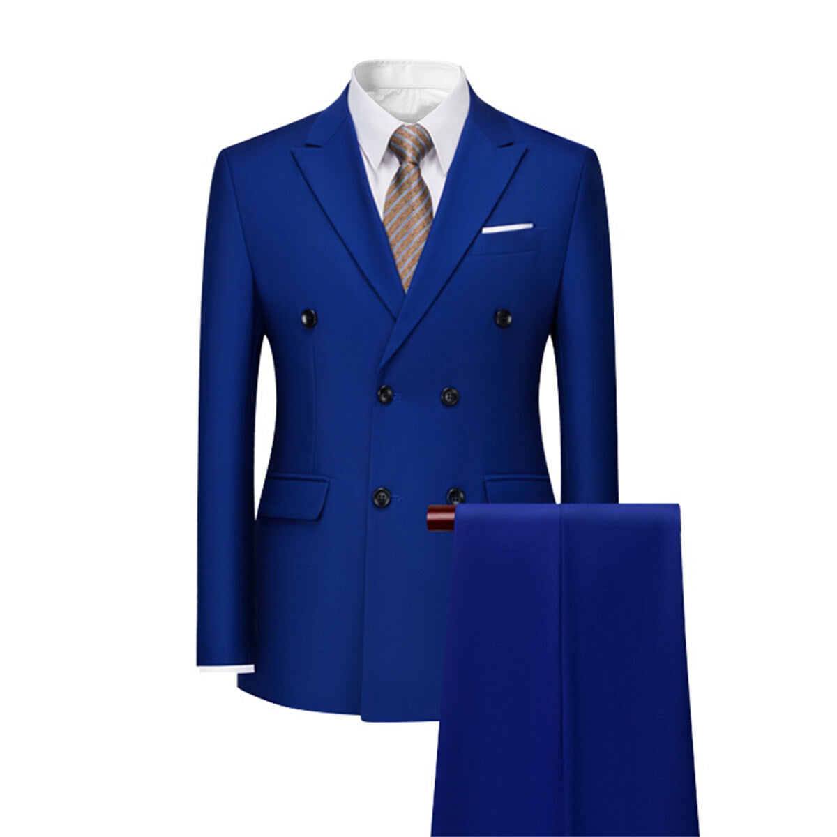 Men's Solid Color Double Breasted Business Suit Blue