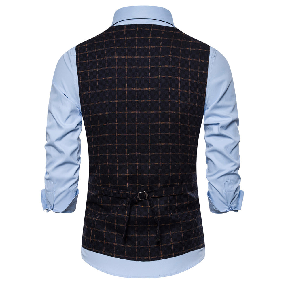 Slim Fit Plaid Double Breasted Vest Navy