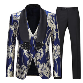 Blue Disc Buckle Jacquard Floral 3-Piece Dress Suit