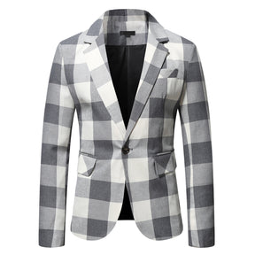 Men's Autumn Plaid Jacket One Button Casual Blazer White