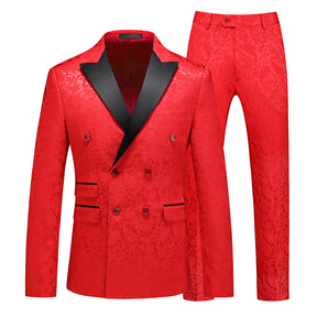 Men's Color Block Print Double Breasted Suit Red