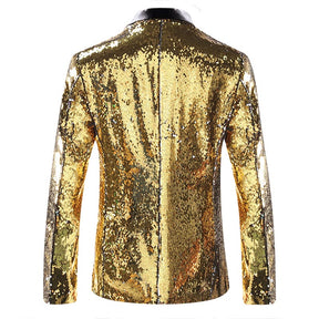 Gold Buttonless Reversible Sequins Satin Collar Blazer