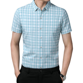 Men's Plaid Lapel Short Sleeve Shirt Green