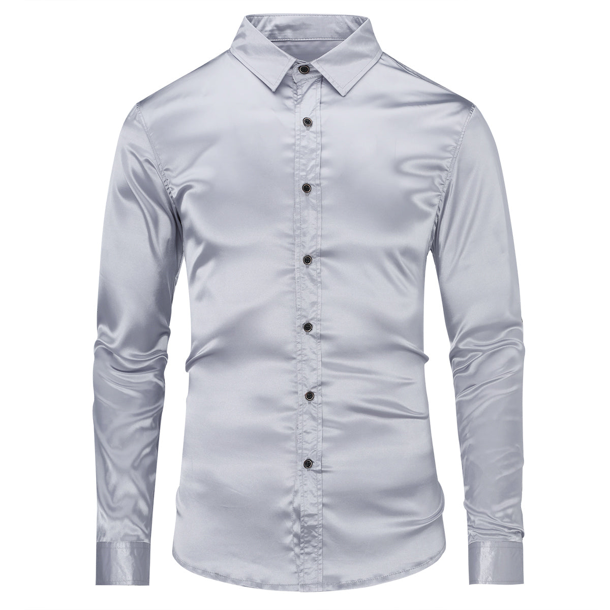 Men's Casual Fashion Shiny Long Sleeve Lapel Shirt Grey