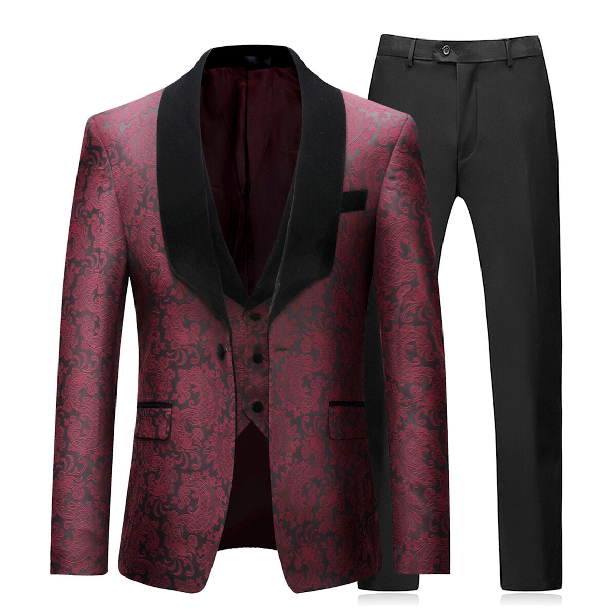 Mens Slim Fit Exquisite Pattern 3 Piece Suit Maroon