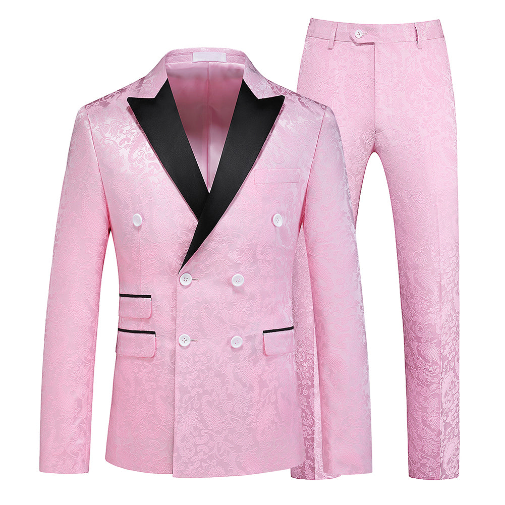 Men's Color Block Print Double Breasted Suit Pink