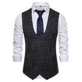 Slim Fit Double Breasted Plaid Black Vest