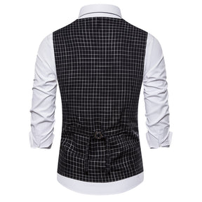 Slim Fit Double Breasted Plaid Black Vest