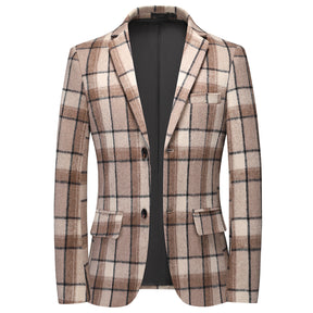 Men's Autumn Jacket Plaid Two Buttons Casual Blazer Khaki