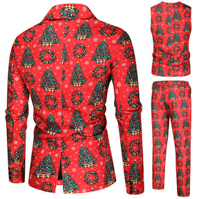 Men's 3-piece Christmas Tree Christmas Print Suit Red