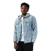 Men's Hooded Single Breasted Denim Jacket Light Blue