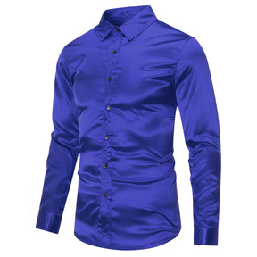 Men's Casual Fashion Shiny Long Sleeve Lapel Shirt Blue