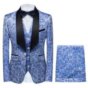 Men's Shawl Collar Print Suit 3-Piece Dress Suit Blue