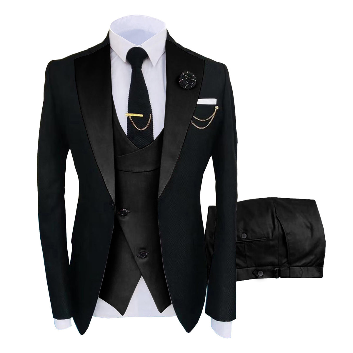 Men's 3-Piece Fashion One Button Color-Blocking Suit Black - Cloudstyle
