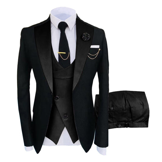 Men's 3-Piece Fashion One Button Color-Blocking Suit Black - Cloudstyle