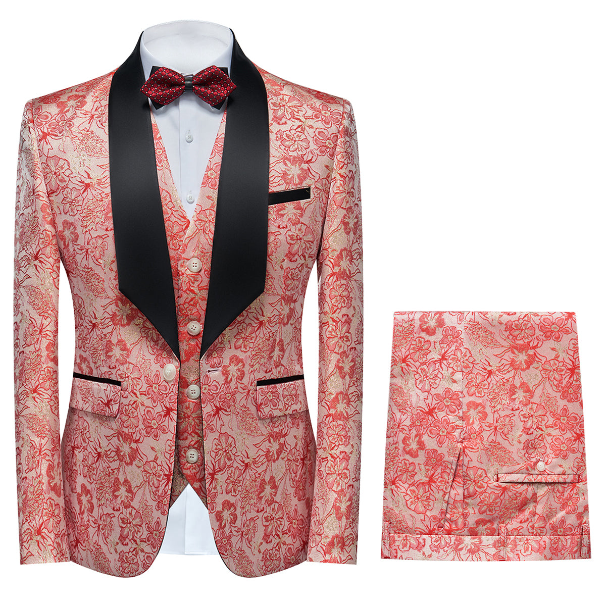 Men's Shawl Collar Print Suit 3-Piece Dress Suit Pink