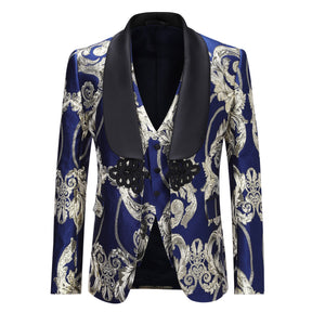 Blue Disc Buckle Jacquard Floral 3-Piece Dress Suit