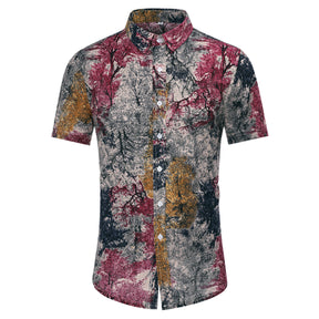 Men's Slim Fit Multicolor Flower Print Short Sleeve Shirt