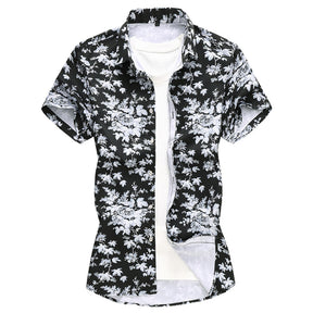 Slim Fit White Small Leaves Blooming Shirt Black