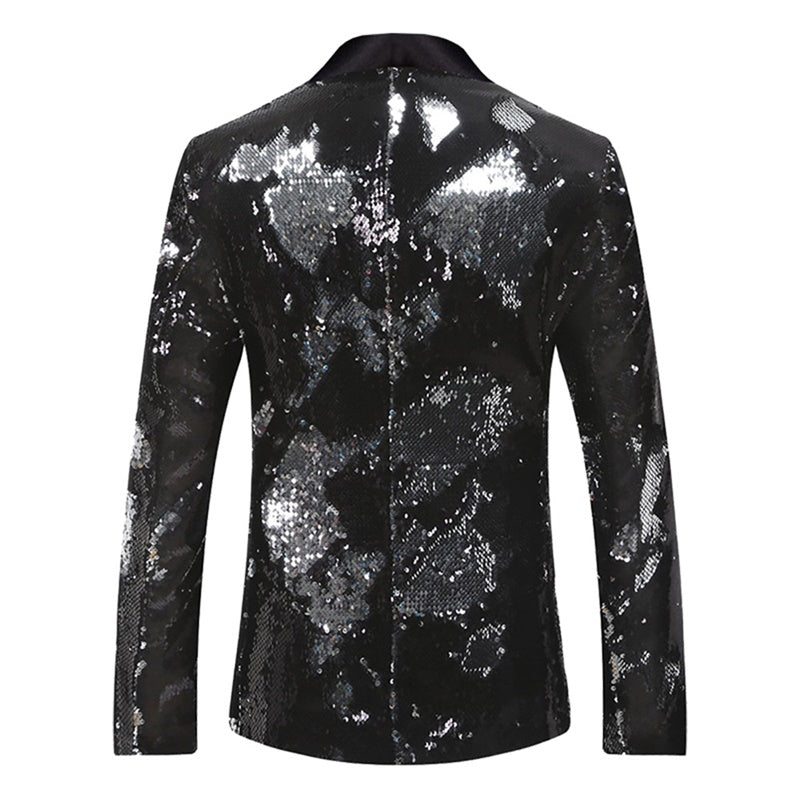 Black Buttonless Reversible Sequins Satin Collar Blazer