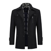 Slim Fit Casual Soild Black Overcoat With Removable Scarf