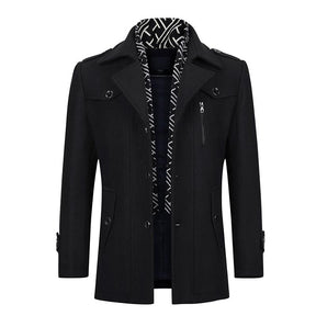 Slim Fit Casual Soild Black Overcoat With Removable Scarf