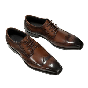 Men's Pointed Toe British Business Brogue Carved Leather Shoes Dark Brown