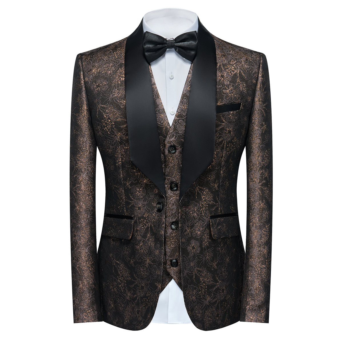 Men's Shawl Collar Print Suit 3-Piece Dress Suit Coffee