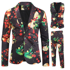 Men's 3-piece Christmas Light Christmas Print Suit Black