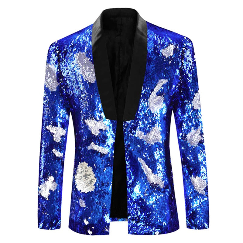 Blue Buttonless Reversible Sequins Satin Collar Blazer