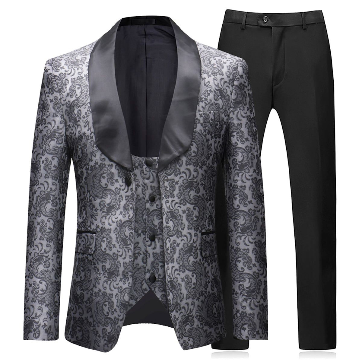 Cloudstyle Mens Slim Fit Exquisite Pattern 3 Piece Suit Black