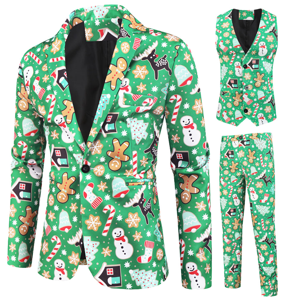 Men's 3-piece Snowman Christmas Print Suit Green