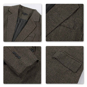 Mens Casual Suit Blazer Slim Fit Herringbone Tux Jacket Brown