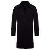 Men's Coat Long Slim Fit Winter Coat Solid Color with Flap Collar Black