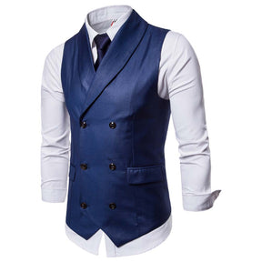Slim Fit Solid Vest Double Breasted Blue