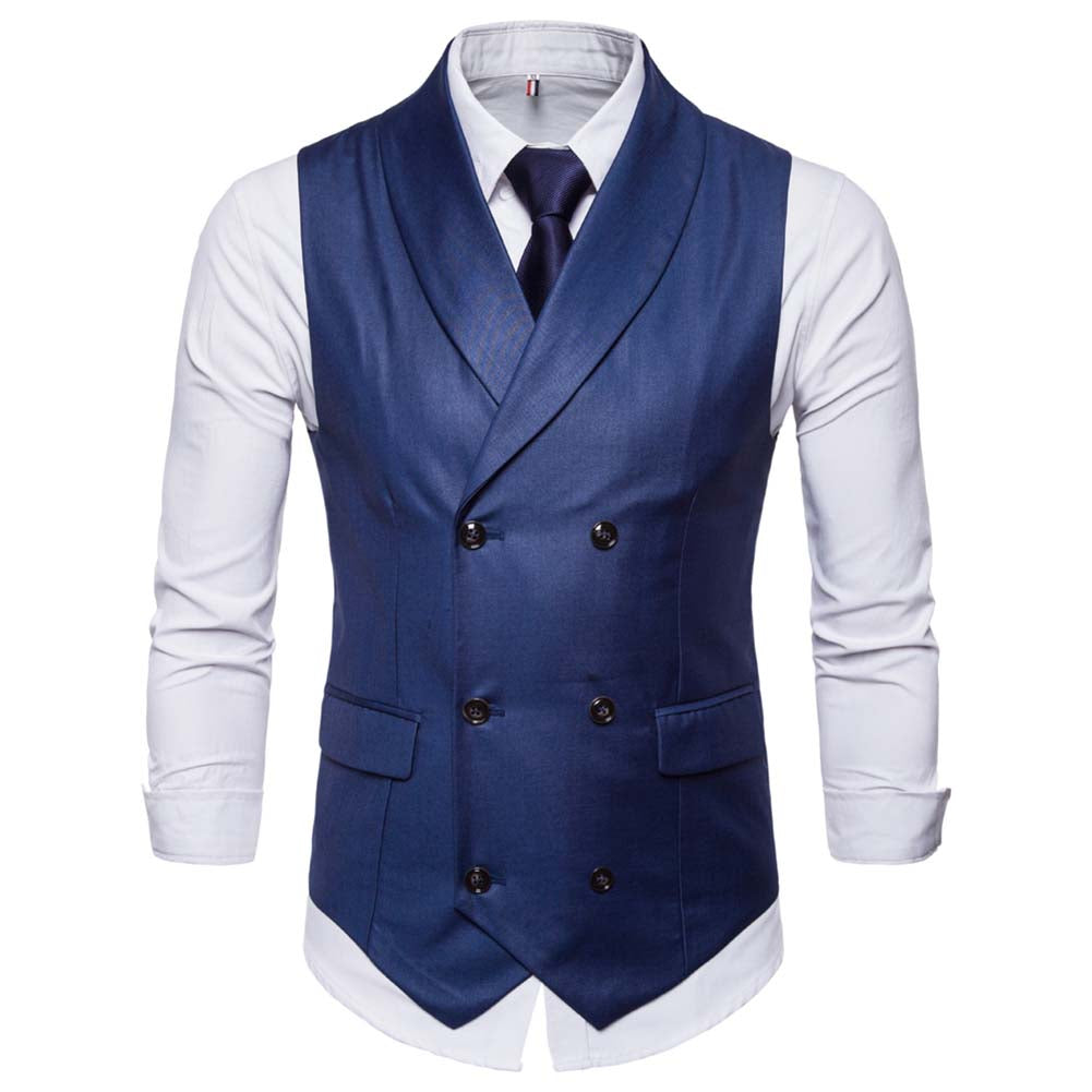 Slim Fit Solid Vest Double Breasted Blue