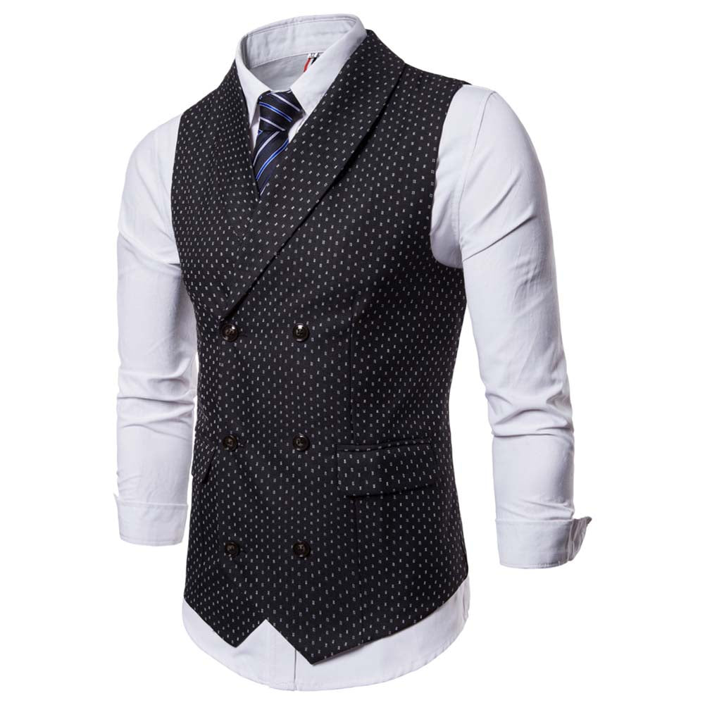 Slim Fit Polka Dot Vest Double Breasted Black