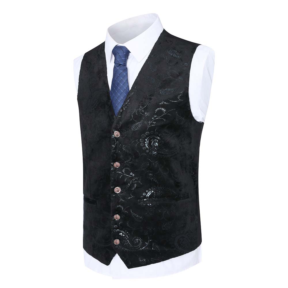 Single Breasted Slim Fit Printed Vest Waistcoat Black