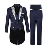 Mens Tailcoat 5 Piece Dress Suit Slim Fit Swallowtail jacket Blue