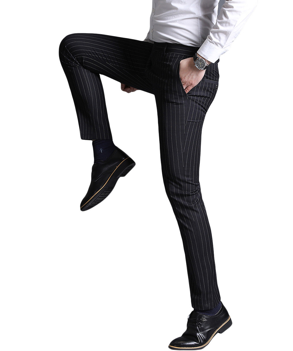 Men's Stripe Casual Slim Fit Pants Dress Pants Black