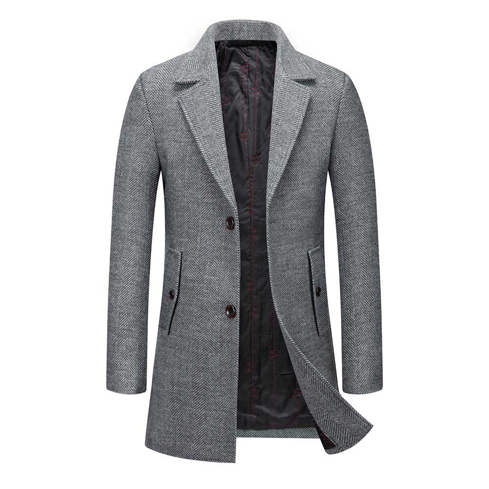 Men's Wool Coats Slim Fit Padded Winter Trench Overcoat Grey