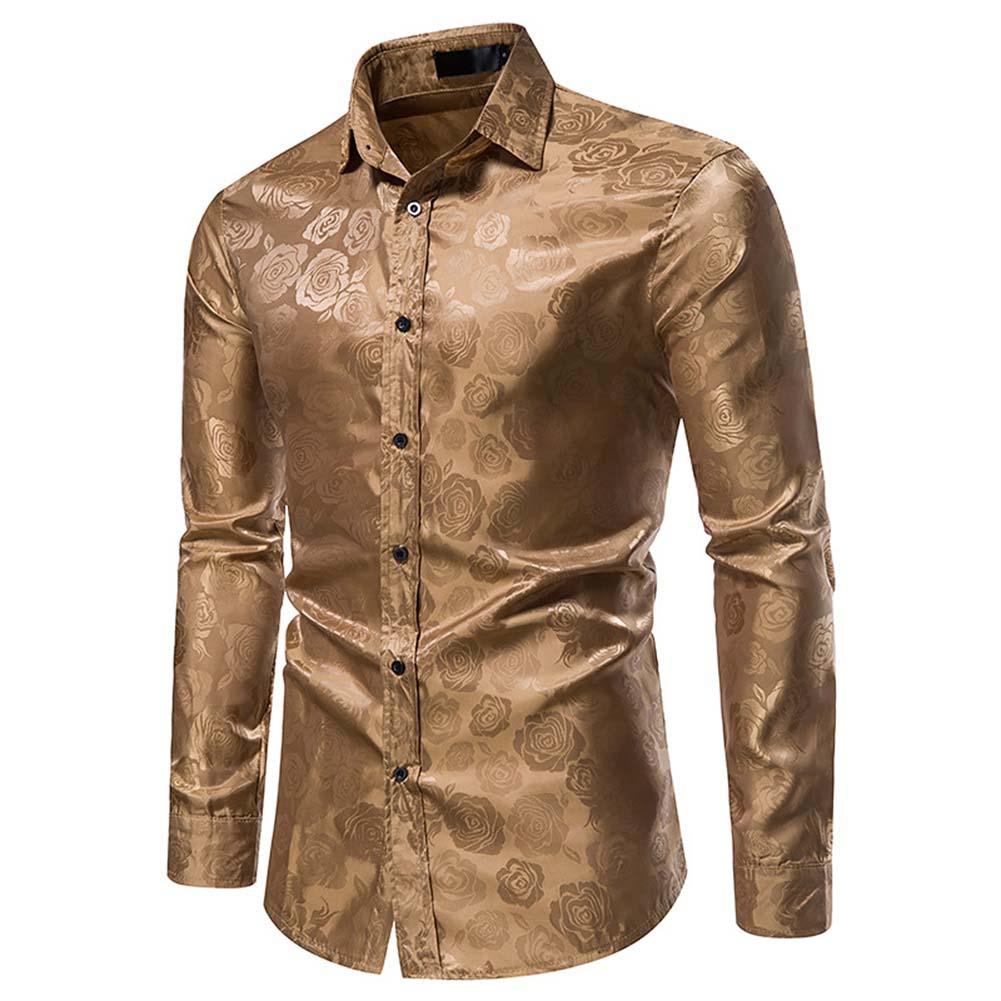 Men's Slim Fit Rose Printed Fashion Casual Shirt Khaki - Cloudstyle